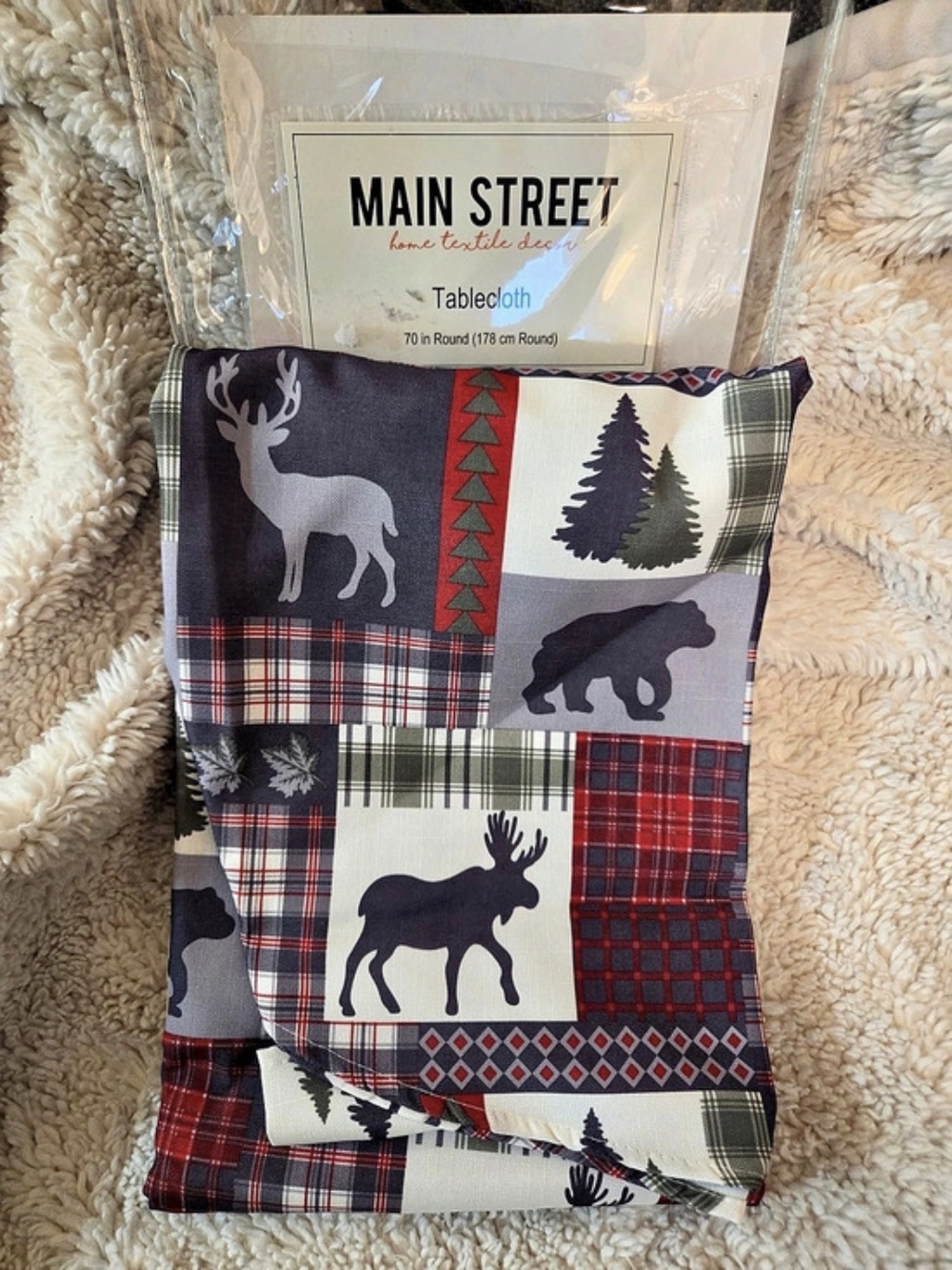 Main Street Tablecloth Plaid Round in Red & Gray NWT 70" Round